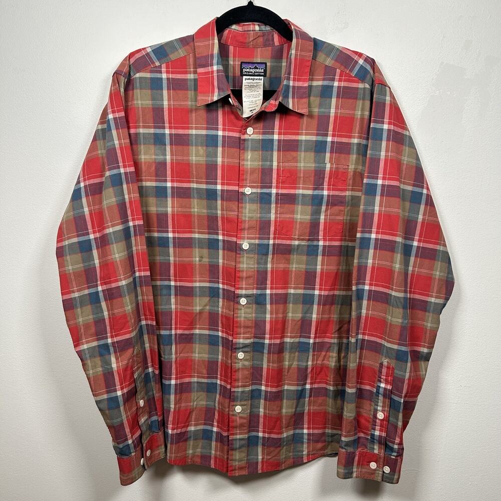 Patagonia Button Up Shirt Red Blue Plaid Organic Cotton Men's Size Medium